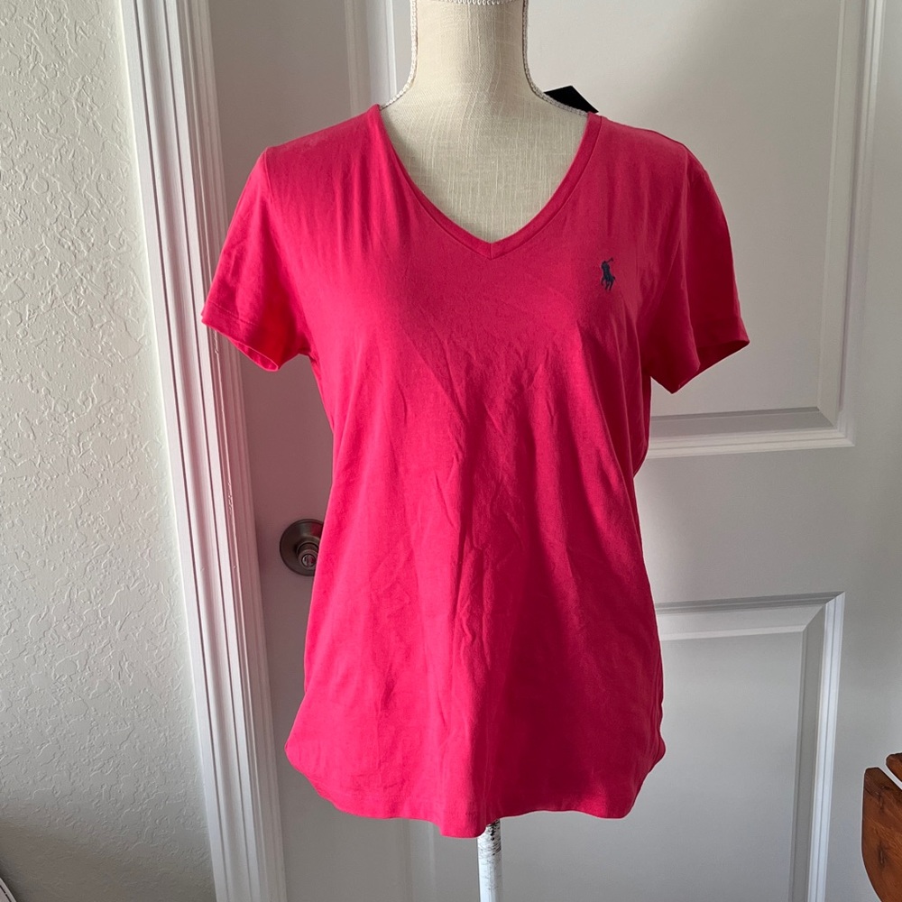 Ralph Lauren Raspberry Pink V-Neck Tee Navy Pony NWT !